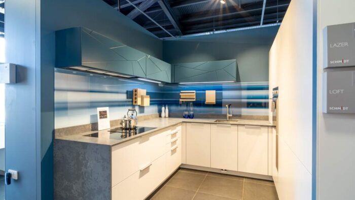 Ex Display Schmidt Loft Micron Celest Kitchen – Liebherr Caple Falmec Appliances - Artscut 20mm Wet Concrete Worktops with Waterfall Side