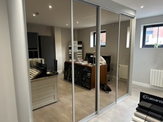 Ex Display Wolds Light Grey Linen Full Height Wardrobe with Tinted Sliding Mirrored Doors