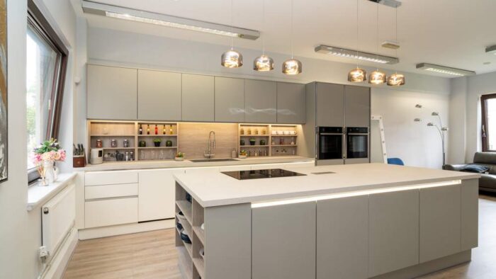 Wren Infinity Linea Ash Grey & White Handleless Kitchen with Large Island - Neff Samsung Appliances - Terrazzo White Laminate Worktops