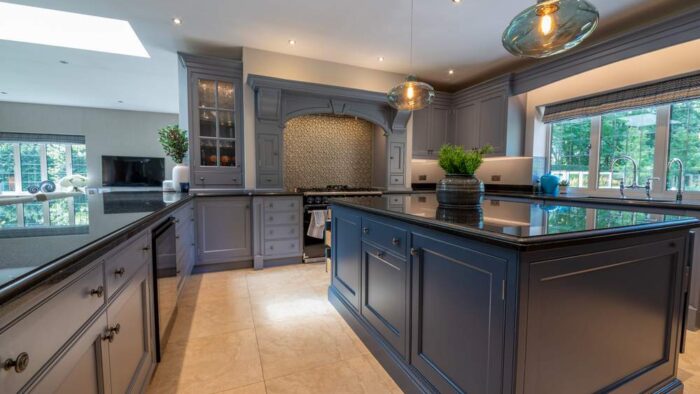 Bespoke Blue Grey and Blue Dovetail Joint Shaker Kitchen including Island & Large Peninsula with Breakfast Bar – Quooker Miele Appliances – Granite Worktops - 3832716