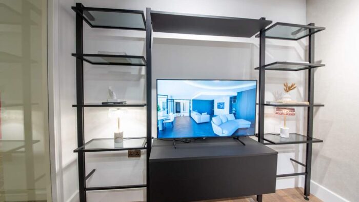 Ex Display Italian Luxury TV Preventivo Smoked Glass Tower Shelving with TV