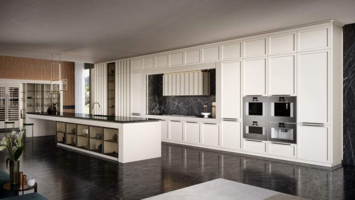 Ex Display Luxury Michele Marcon Botega Celine Corda Stone Matt Lacquered & Walnut Coffee Shaker Kitchen - Fulgor Falmec Siemens Appliances – 20mm Quartzforms Quartz Worktops