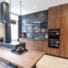 Ex Display Hacker Concept Bali Walnut Soft Black Kitchen & Peninsular with Sideboard – Blaupunkt Appliances - AP130 Marble effect Anthracite Worktops & Splashback Bali Walnut effect low Breakfast Bar & Bench