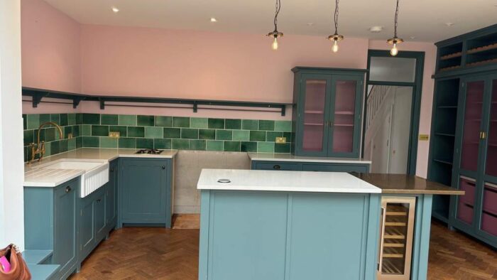 Luxury deVol Duck Egg Blue Shaker Kitchen and Matching Island – Neff Smeg Bosch Appliances – Quartz & Metal Worktops