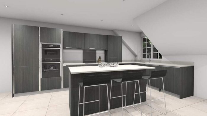 New Boxed Luxury Porcelanosa Projects Eucalyptus Smutty Grey P180 Gola Wharf Handle Kitchen & Matching Island