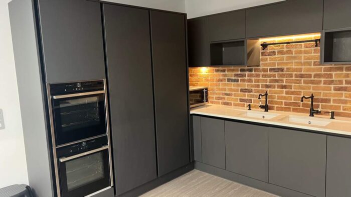 Wren Milano Satin Nero Grey Matt Kitchen – Neff AEG Appliances - White with Grey Veined Worktops