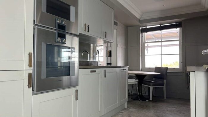 Bespoke Gaggenau Shaker Dovetail Joint Stone Grey Kitchen – Gaggenau Liebherr Miele Appliances – Brown Granite Worktops