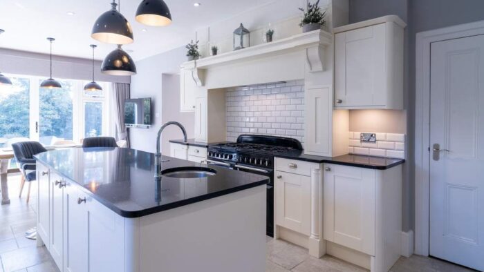 Callerton Mornington Cornforth White Shaker Kitchen with Island and Breakfast Bar – AGA Neff Quooker Appliances – Granite Worktops