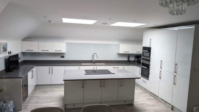 Modern County Kitchen Milton Keynes Dove Grey Kitchen and Matching Island with Breakfast Bar- Miele Siemens CDA Appliances - Quartz Worktops