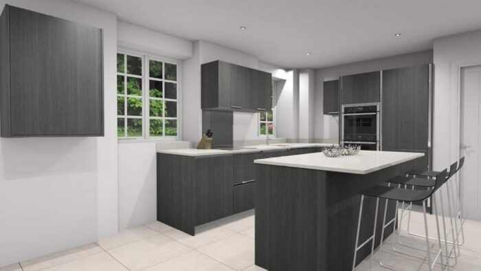 New Boxed Luxury Porcelanosa Projects Eucalyptus Smutty Grey P180 Gola Wharf Handle Kitchen & Matching Island