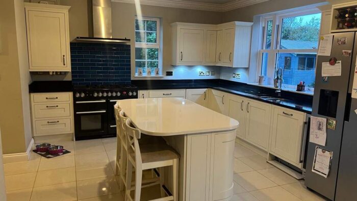 Soft Close Buttercream Shaker Kitchen including Island with Breakfast Bar - Granite Worktops