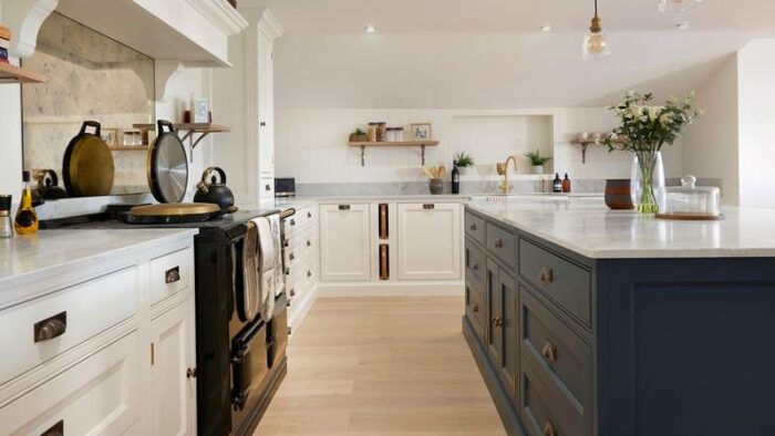 Ex Display Large Luxury Wimbourne White - Hague Blue Bespoke In Frame Kitchen & Pantry with Matching Island – Fisher Paykel Bosch Appliances - AG Quartz By Algarve Granite 20mm Eclipsia Q polished Worktops