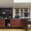 Ex Display Luxury Cesar Cucine Fenix Rosso Jaipur with accents in Dark Oak and Eero Nickel Handles Island including Pedestal Breakfast Table -Boro Kaelo Appliances - 20mm Infinity Stone Nero Marquina Ceramic Worktop