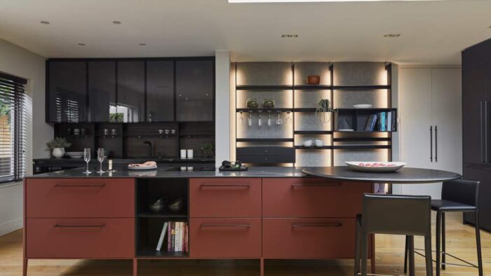 Ex Display Luxury Cesar Cucine Fenix Rosso Jaipur with accents in Dark Oak and Eero Nickel Handles Island including Pedestal Breakfast Table -Boro Kaelo Appliances - 20mm Infinity Stone Nero Marquina Ceramic Worktop