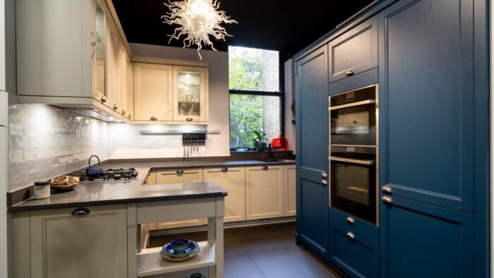 Ex Display Schmidt Bolero Kashmir Grey - Moody Blue Kitchen with Antique Silver Finish Handles – Neff Blanco Appliances - Cosentino Silestone Marengo Worktops