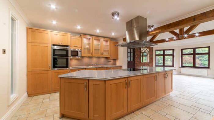 Beech Colour Shaker Kitchen with Large Island – Gaggenau Neff Siemens Smeg Appliances – Corian Worktops