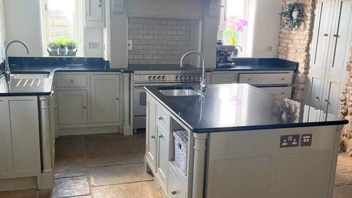 Bespoke Dove Grey Dovetail Joint Shaker Kitchen with Matching Island – Brittania Sharp Appliances – Black Granite Worktops