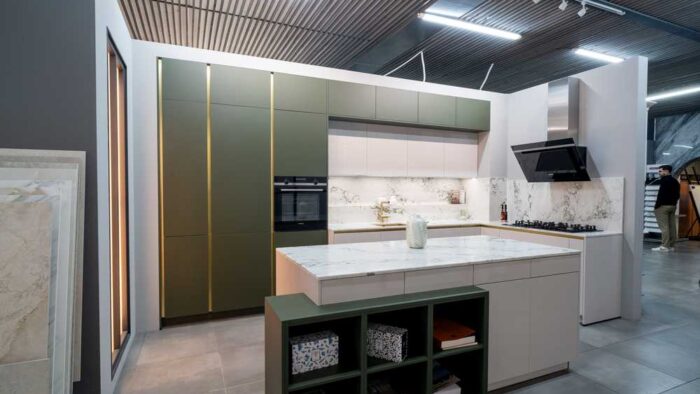 Ex Display Hacker Concept 130 Olive Green & Taupe with Gold Handles Kitchen with Matching Island – Siemens 1810 Appliances – Noble Stone Quartz Worktops