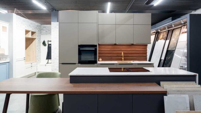 Ex Display Hacker Concept 130 Porto, Bali & Lasersoft Walnut & Graphite Kitchen with Island & Breakfast Bar