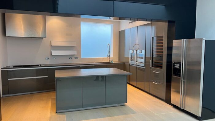 Luxury Boffi Graphite Grey Gloss Kitchen – Gaggenau Sub Zero Appliances – Granite Worktops (tbc)