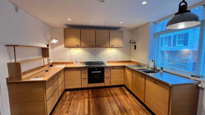 Bespoke Retro Bamboo Kitchen – Miele Neff Quooker Appliances - Wooden and Brushed Stainless Steel Worktops