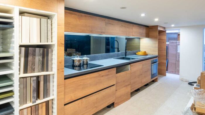 Ex Display Hacker Concept Natural Vintage Oak Laminate Kitchen – Neff Appliances - Grey Laminate Worktops