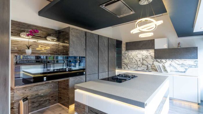 Ex Display Hacker Systemat Black Star Stone Grey Veneer - Glass Fronted White Wood Veneered Kitchen & Island – Siemens Hob - Quartz Ice White & Quartzforms Quartz Grey Textured 50mm Built-up Worktops with Marble Splashback