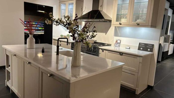 Ex Display Schmidt Bolero Vison Shaker Kitchen and Matching Island – Smeg AEG Siemens Appliances - Cosentino Silestone Quartz Worktops