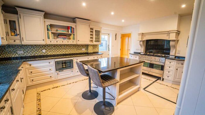 Large Luxury Bespoke Dovetail Joint Light Grey Kitchen with Island and Utility Room – Brittania Gaggenau Miele Maytag Appliances – Granite Worktops