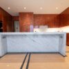 New Unused Large Luxury Bespoke Copper Gloss effect Handleless Kitchen & Island - White & Grey Veined Granite Worktops with Waterfall Sides & Splashbacks