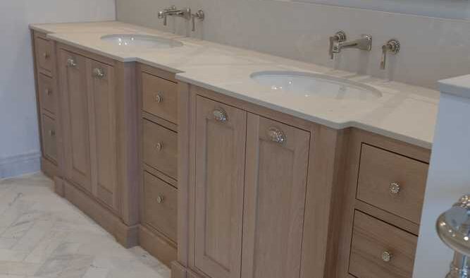 Luxury Villeroy & Boch Bespoke Dovetail Joint Chrome Handled Double Vanity Unit with Bath Mirrors & Lights