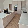 New Unused Kensington Shaker Cashmere Grey Kitchen & Matching Island – AEG Appliance - Quartz White Grey Veined Worktops