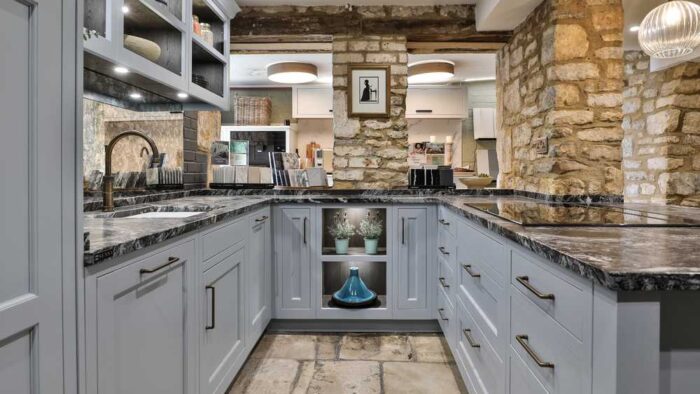 Ex Display Kitchen Stori Inframe Blue Pantry Soft Close Kitchen with Peninsula – Quooker Neff Appliances - Cosentino Sensa Black Beauty (30mm) Worktops