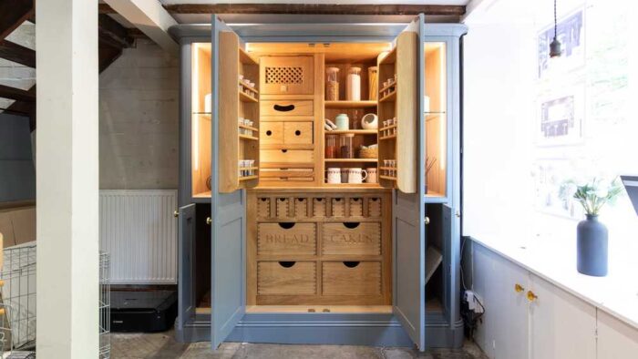 Ex Display Monument Grey Double Door Pantry with Brass Handles and Brass Hinges with Internal Lighting