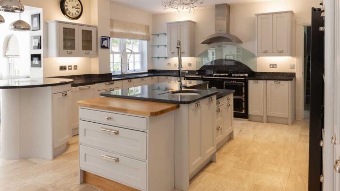 Large Bespoke Wingates Stone Grey Dovetail Joint Shaker Kitchen with Island and Breakfast Table – Miele Bosch Brittania Appliances – Granite Worktops