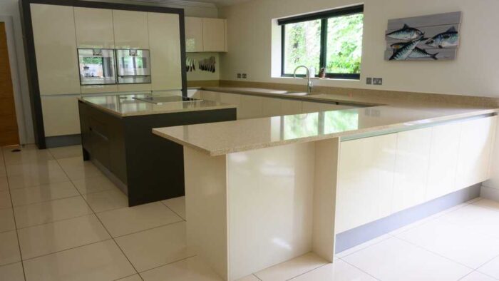 Leicht Modern Slab Cream Gloss Kitchen with Taupe Island and Large Peninsula - Gaggenau Wolf Neff Appliances - Quartz Worktops