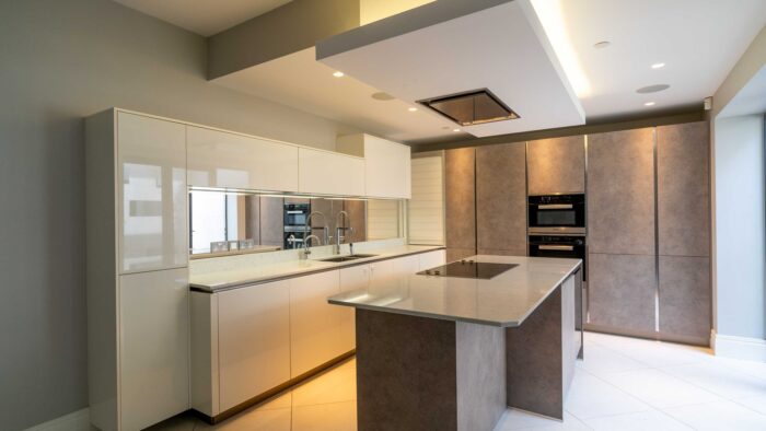 Modern Grey Concrete Effect White Gloss Chrome Channel Handle Kitchen & Matching Island – Miele Siemens Appliances - Quartz or Granite White Grey Veined Worktops