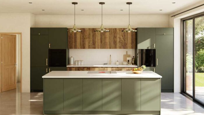New Boxed Pompeii Ash & Barn Brown Board Kitchen with Matching Island - 30mm Westminster White Quartz Worktops – Cancelled Order
