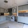 Wren Sky Blue Modern Slab Gloss Kitchen with Island – Hotpoint Appliances – White Laminate Worktops