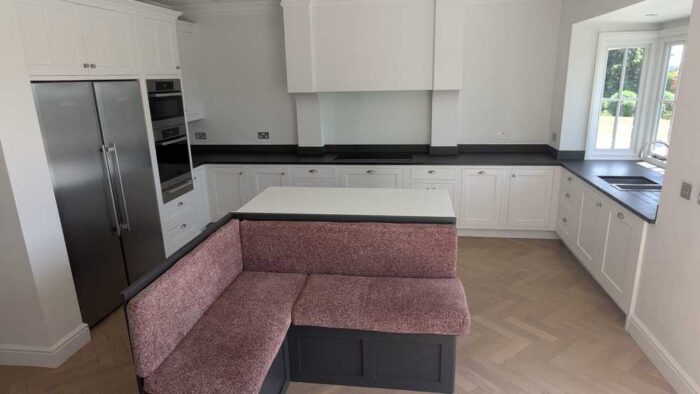 Bespoke Dovetail Joint InFrame Off White Kitchen and Graphite Grey Island with Banquette Seating and Utility Room – Quooker Miele Neff Appliances – Granite, Quartz & Wooden Worktops