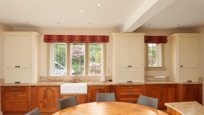 Bespoke Large Dovetail Joint Cream and Walnut Kitchen with Large Island and Dining Table - Falcon Siemens Appliances – Granite Worktops