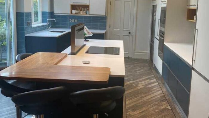 Blue and Cream Modern Slab Kitchen & Island inc Breakfast Bar – 3833082