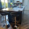 Blue and Cream Modern Slab Kitchen and Matching Island with Breakfast Bar – Fisher & Paykel Neff Miele Appliances – Corian Worktops