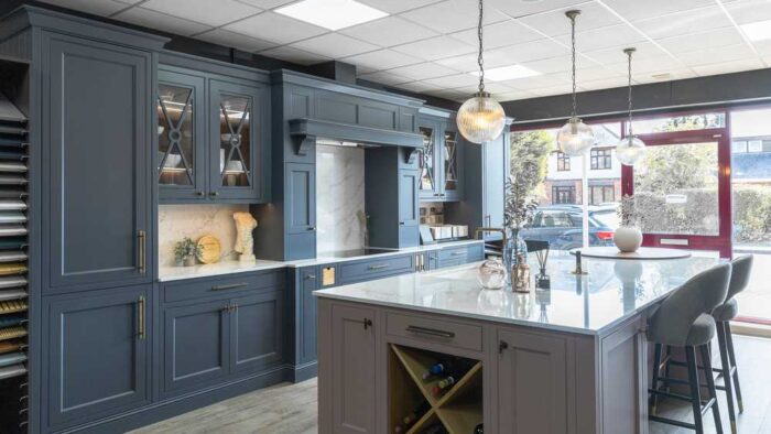 Ex Display Alku Mala Smooth Slate Blue Dusty Pink & Aida Walnut Dovetail Joint Kitchen and Large Island – Miele Falmec Kaelo Appliances
