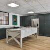 Ex Display Finsa Hydrifugo In Frame Studio Green & Tulip Wood Dovetail Joint Shaker Kitchen with Hardwick White Island - Wolf Fisher & Paykel Grohe Appliances - Cosentino Vancouver Worktops