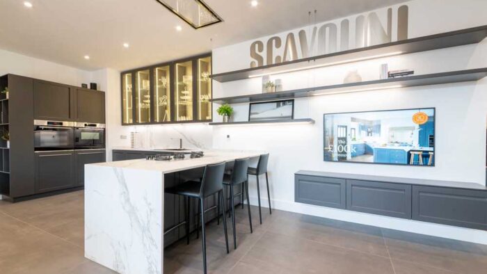 Ex Display Scavolini Caraterre Iron Grey - Scav374 - with Peninsula – Smeg Appliances – Dekton Marble Effect Worktops