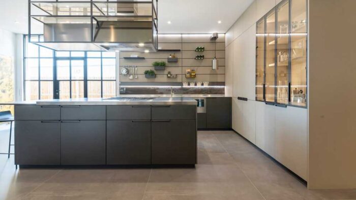 Ex Display Scavolini Mia Dark Steel Kitchen with Island – Barazza Smeg Appliances – Barazza Dekton & Stainless-Steel Worktops