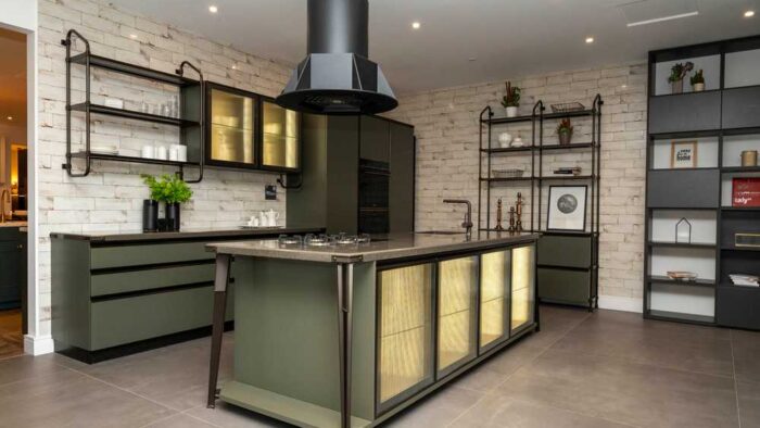 Ex Display Scavolini Mineral Green Diesel Open Workshop Kitchen and Island– Smeg Blanco Appliances – Deep Bedrock Corian Worktops - 3833091
