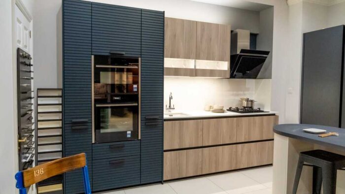 Ex Display Schuller Modena Scala Ash Nordic / Deep Blue Kitchen – Miele Neff Siemens Appliances - Unistone Quartz Carrara Misterio Worktops