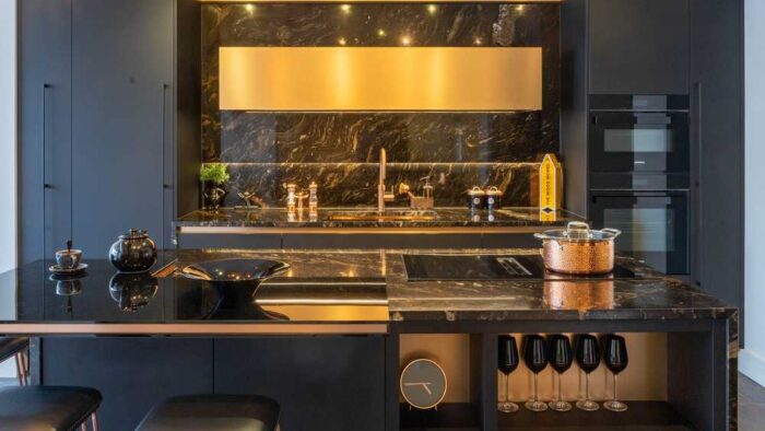 Ex Display The Wood Works Luxury Elements Slate Black - Kronospan Copper Kitchen & Matching Island – Levantina Barocco Granite 20mm Worktops with Waterfall Sides